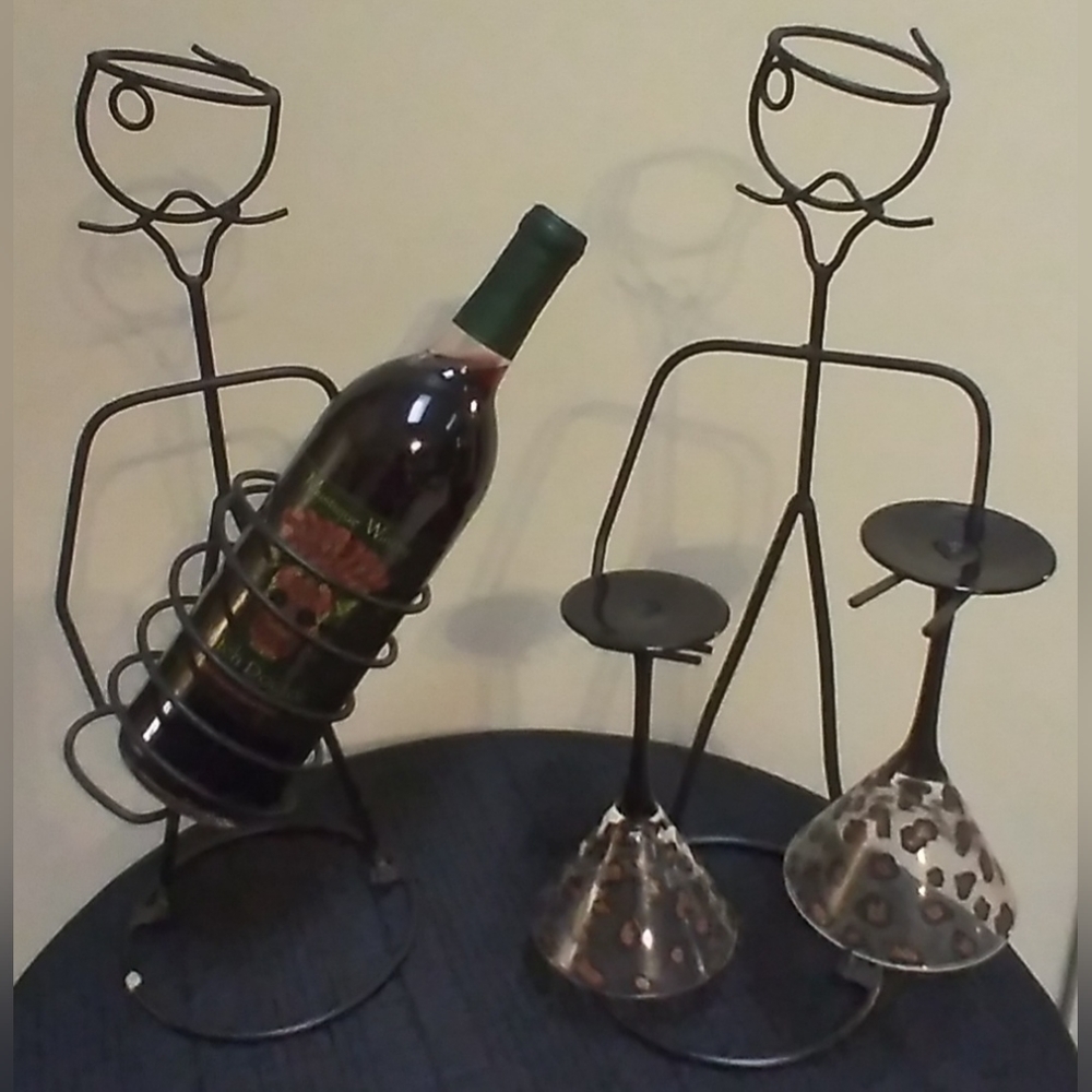 MCM Metal Wire Frenchman Sculpture Wine and Glass Bottle Holder Set